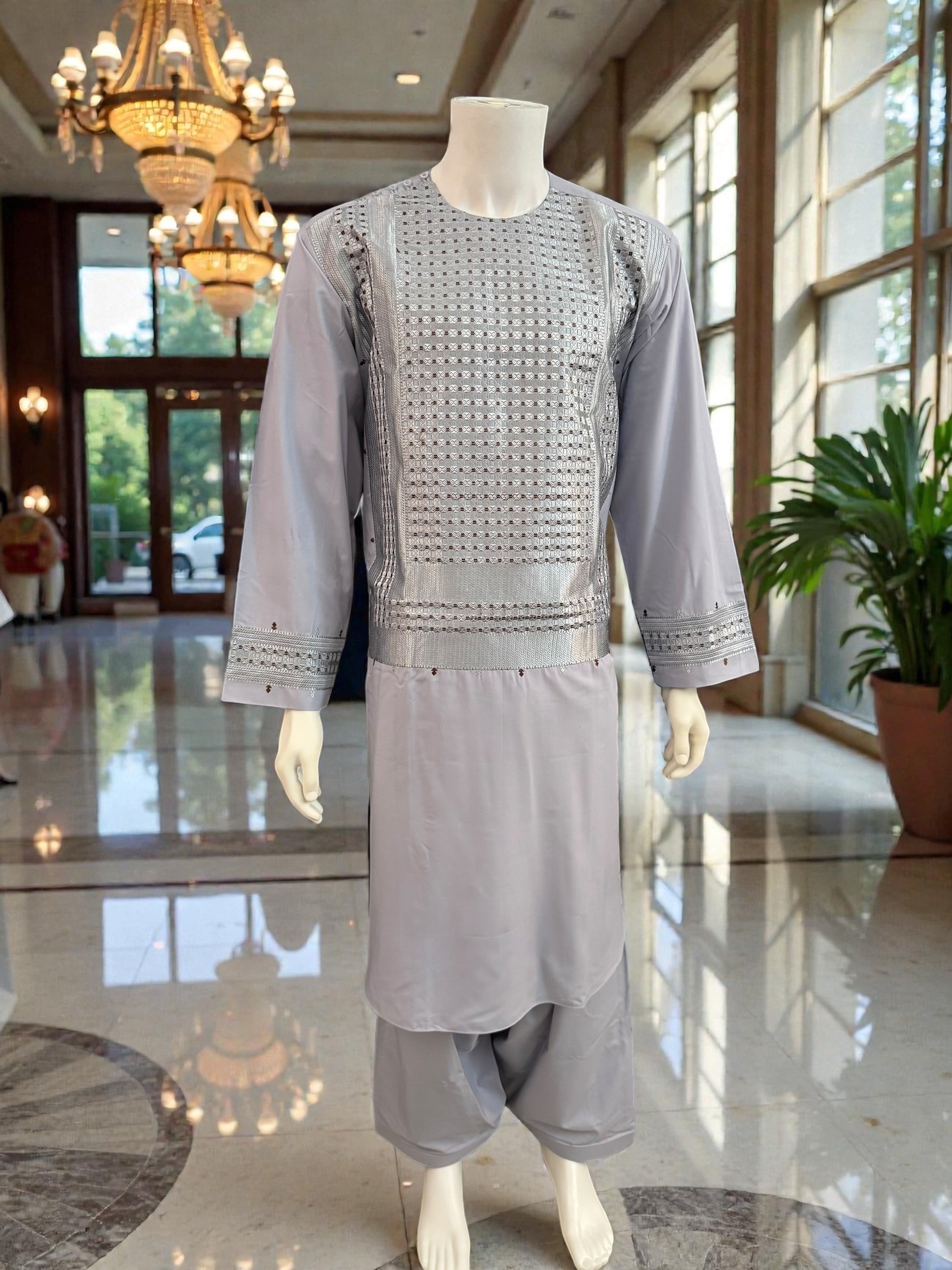 XL Afghan Men’s Kameez – Pale Lilac with Silver & Brown Embroidery | High-Quality Traditional Outfit