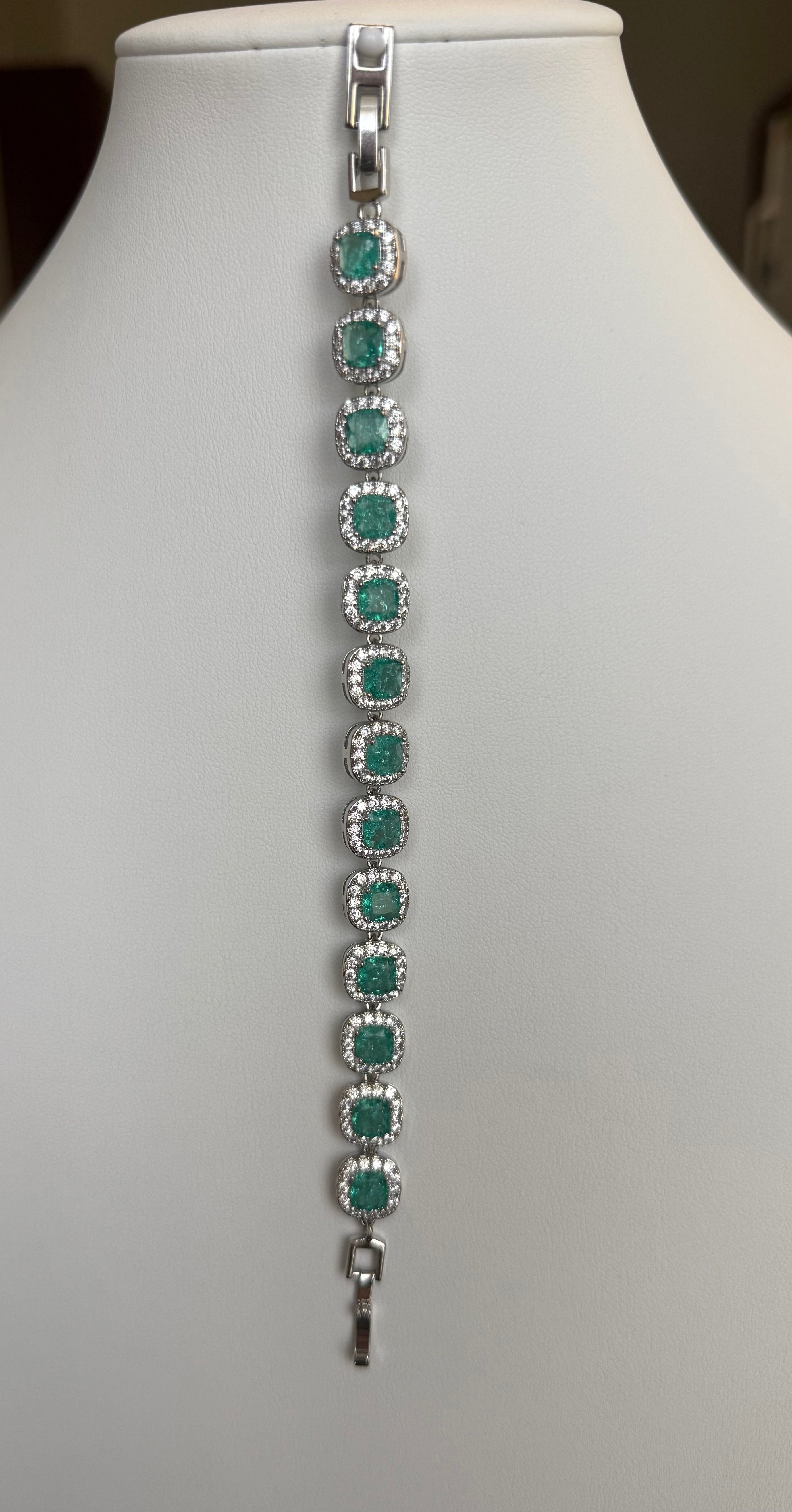 Aqua Green Cushion Cut Halo Crystal Tennis Bracelet – Silver Tone Statement Jewelry 7112