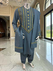 Medium Men’s Afghan Parahan Tunban Set – Dark Slate Blue with Premium Gold & Black Hand Embroidery with Chadder/patto
