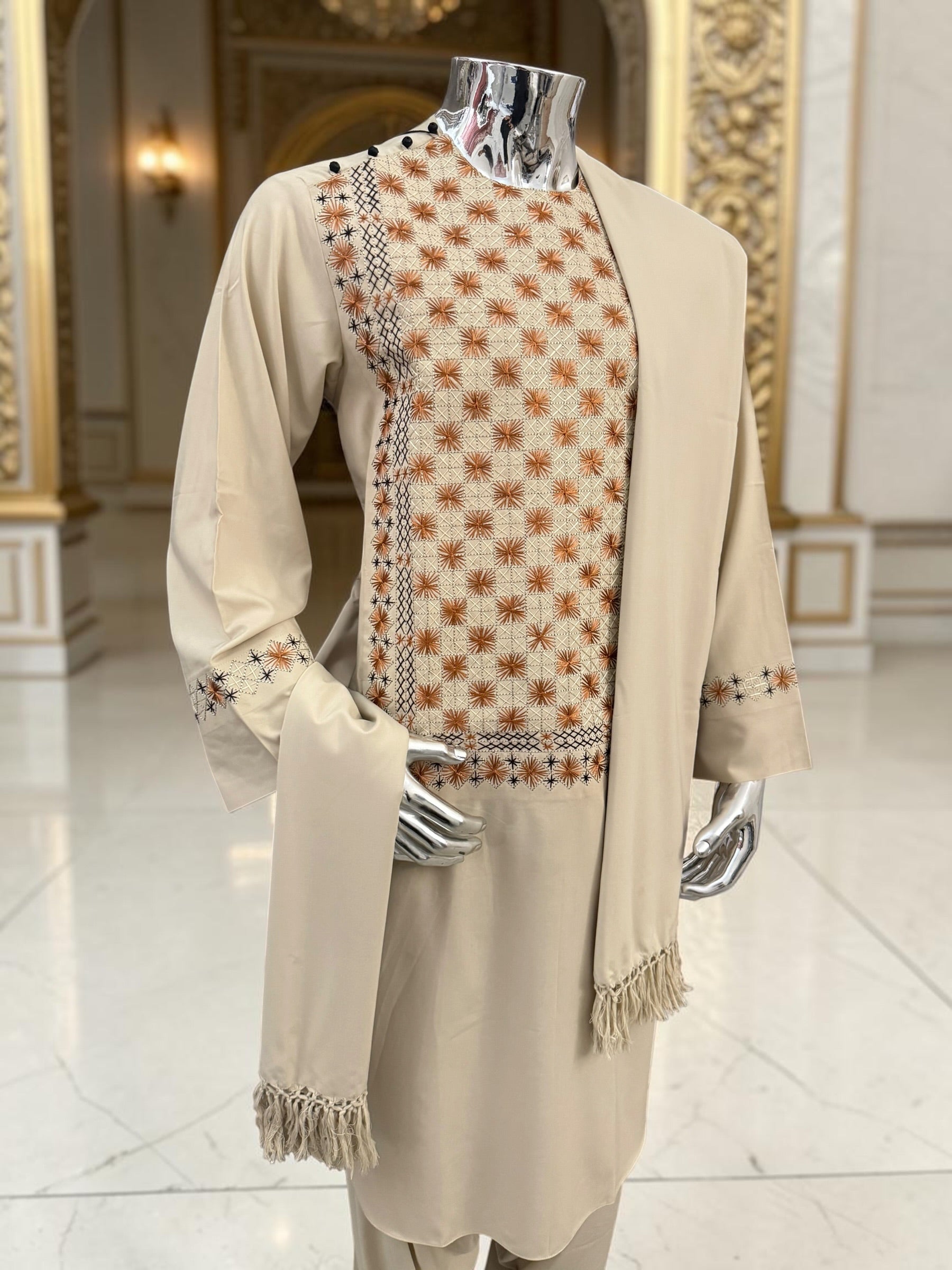 Men’s Cream Hand-Embroidered Afghan Parahan Tunban with Shawl – 3-Piece Set 5023