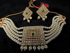 Traditional Gold Tone Pearl Choker Necklace Set with Earrings – Bridal Pakistani Indian Afghan Statement Jewelry for Women 023