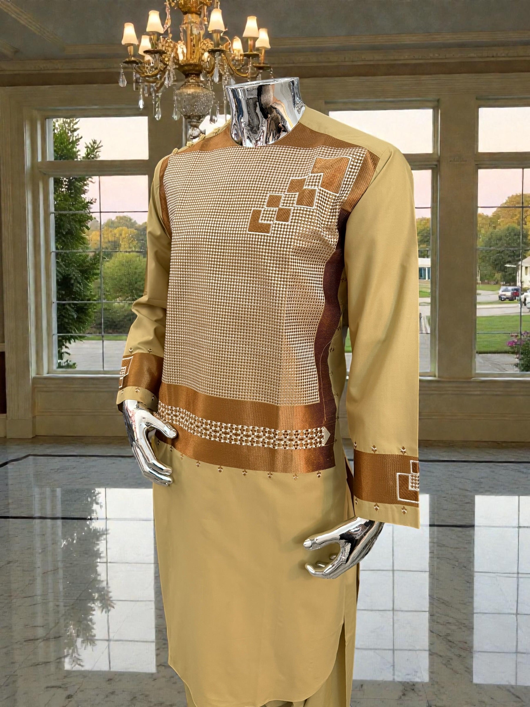 Small Men’s Golden Parahan Tumban with Bronze Geometric Embroidery – Afghan Traditional Outfit