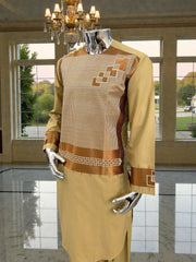 Small Men’s Golden Parahan Tumban with Bronze Geometric Embroidery – Afghan Traditional Outfit