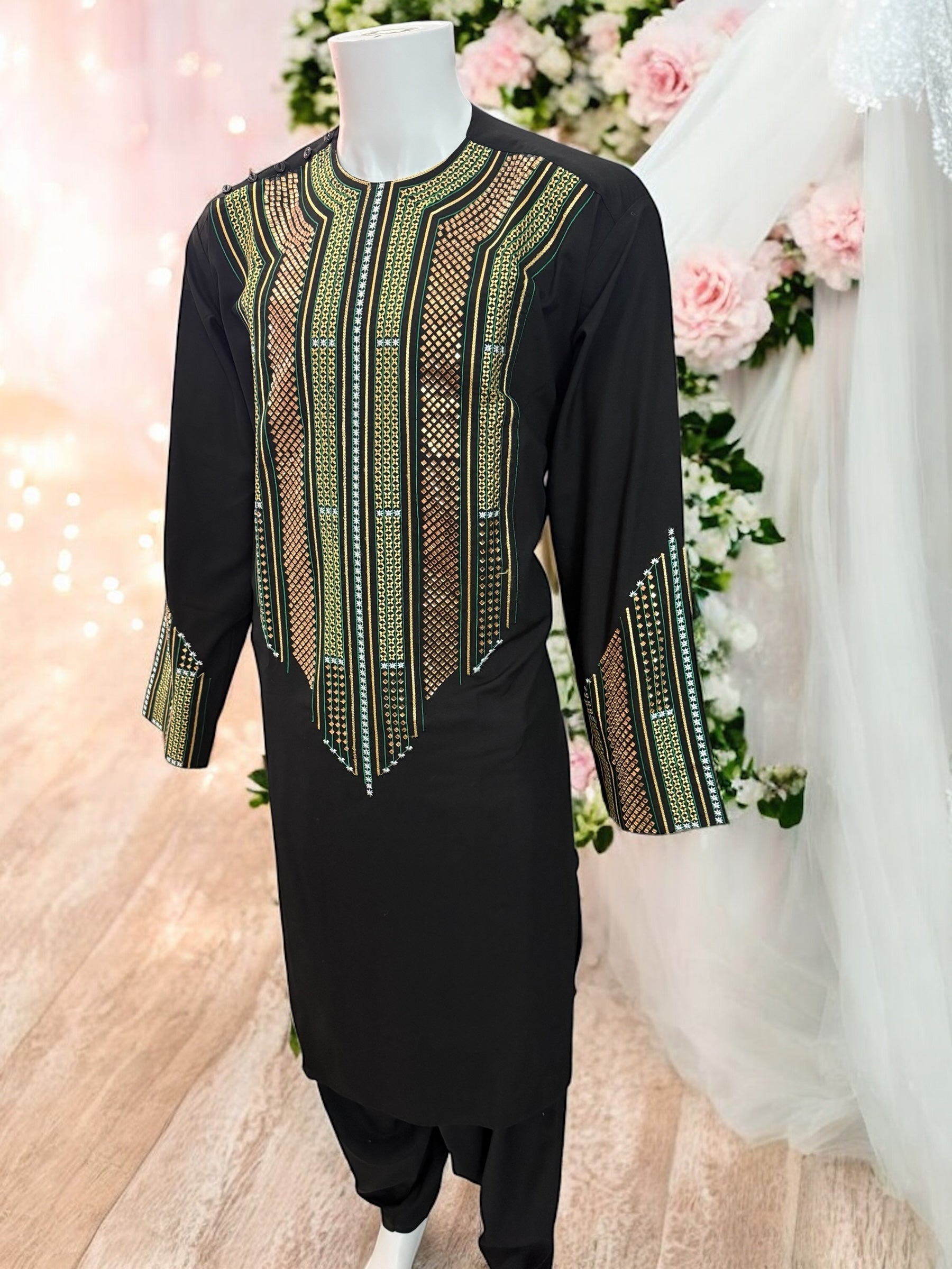 Afghan Parahan Tunban for Men Black Gold and Green Shesha Mirror Work Machine Embroidered Large