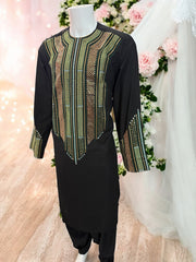 Afghan Parahan Tunban for Men Black Gold and Green Shesha Mirror Work Machine Embroidered Large