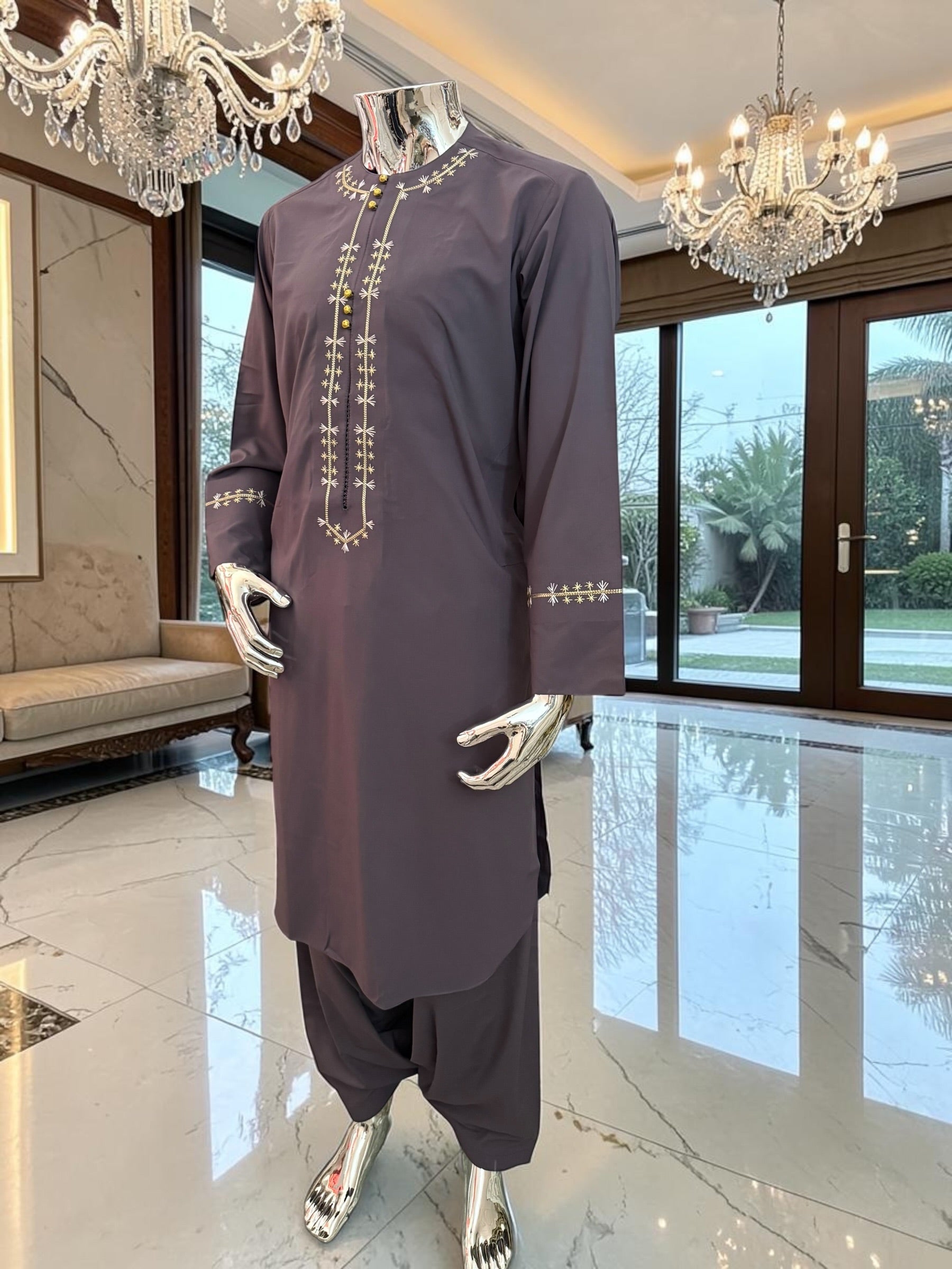 Plum Embroidered Afghan Parahan Tunban for Men with Matching Shawl