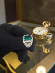 Men’s Emerald Green Zircon Signet Ring – Silver Plated Brass Statement Ring with Halo & Baguette Accents C1