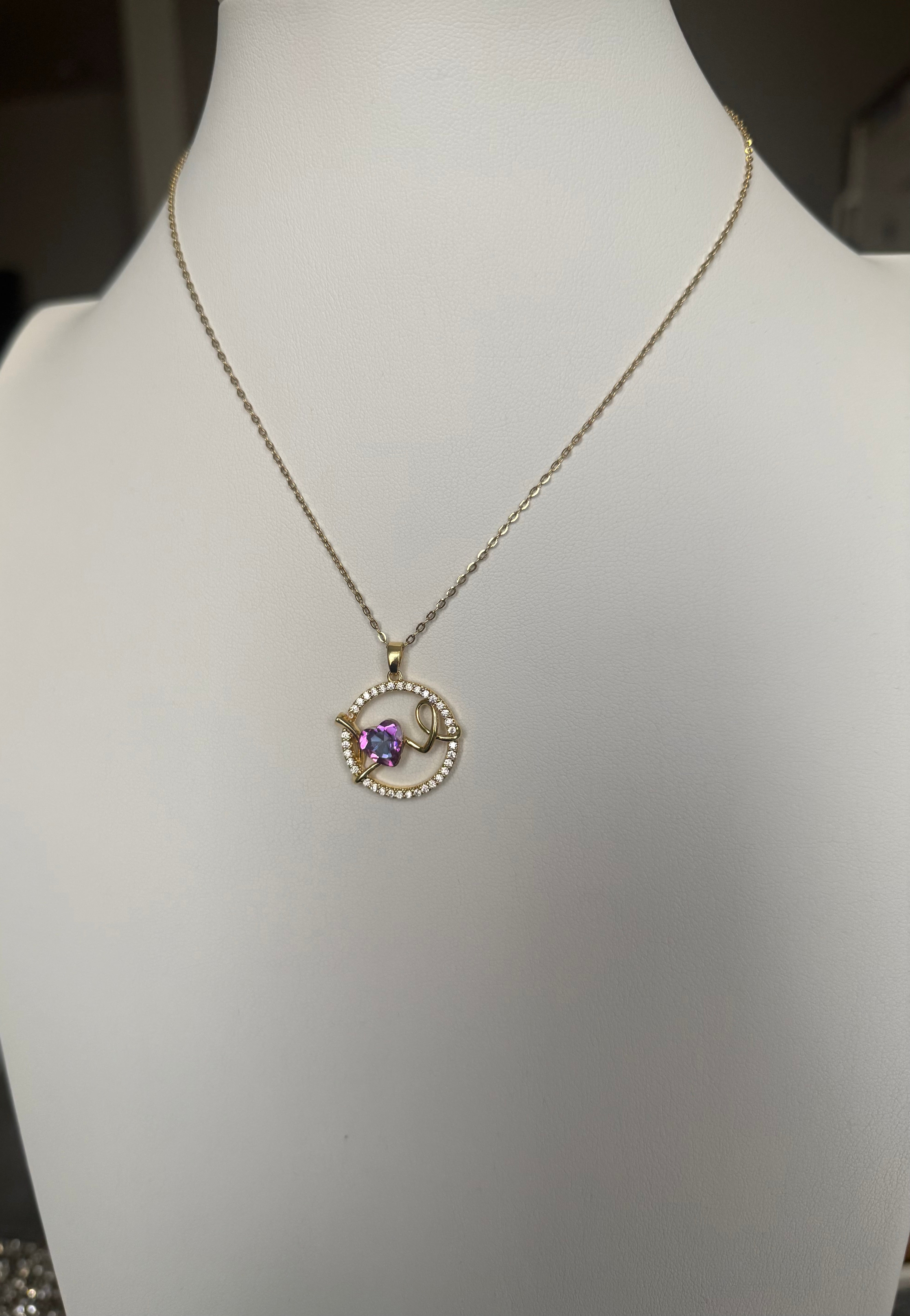 Purple Heart Crystal Pendant Necklace – Gold Tone Stainless Steel Love Pendant 7154