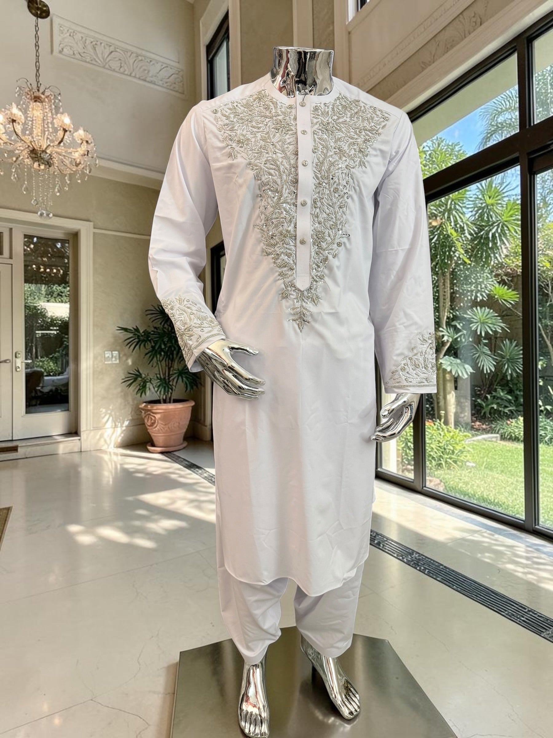 Handmade Afghan Selmadozi Embroidered Men’s Perahan Tunban – Luxury Traditional Formal Outfit – Available in Black, Ivory & White