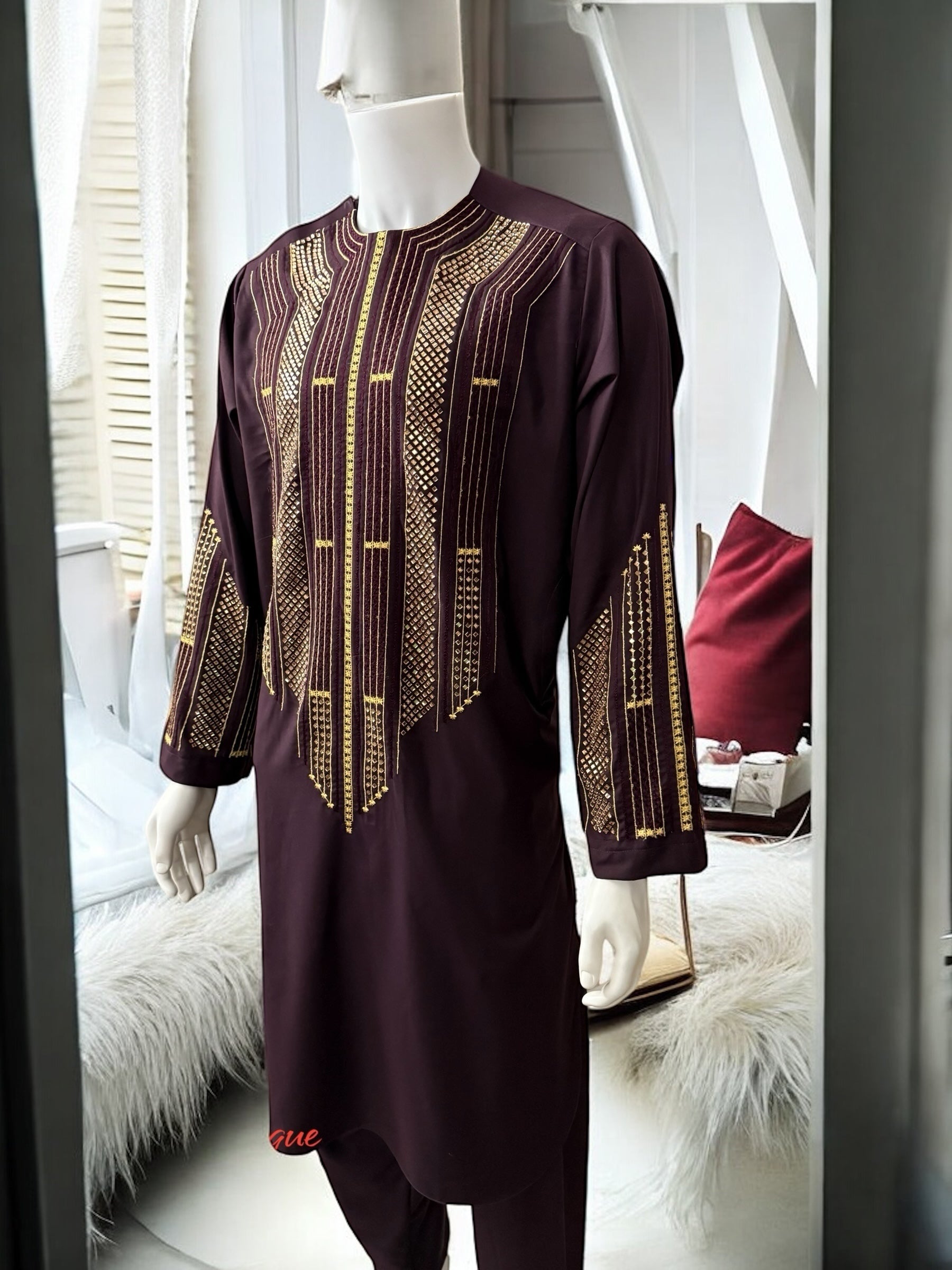 Afghan Parahan Tunban for Men Dark Burgundy Gold Machine Embroidered Medium