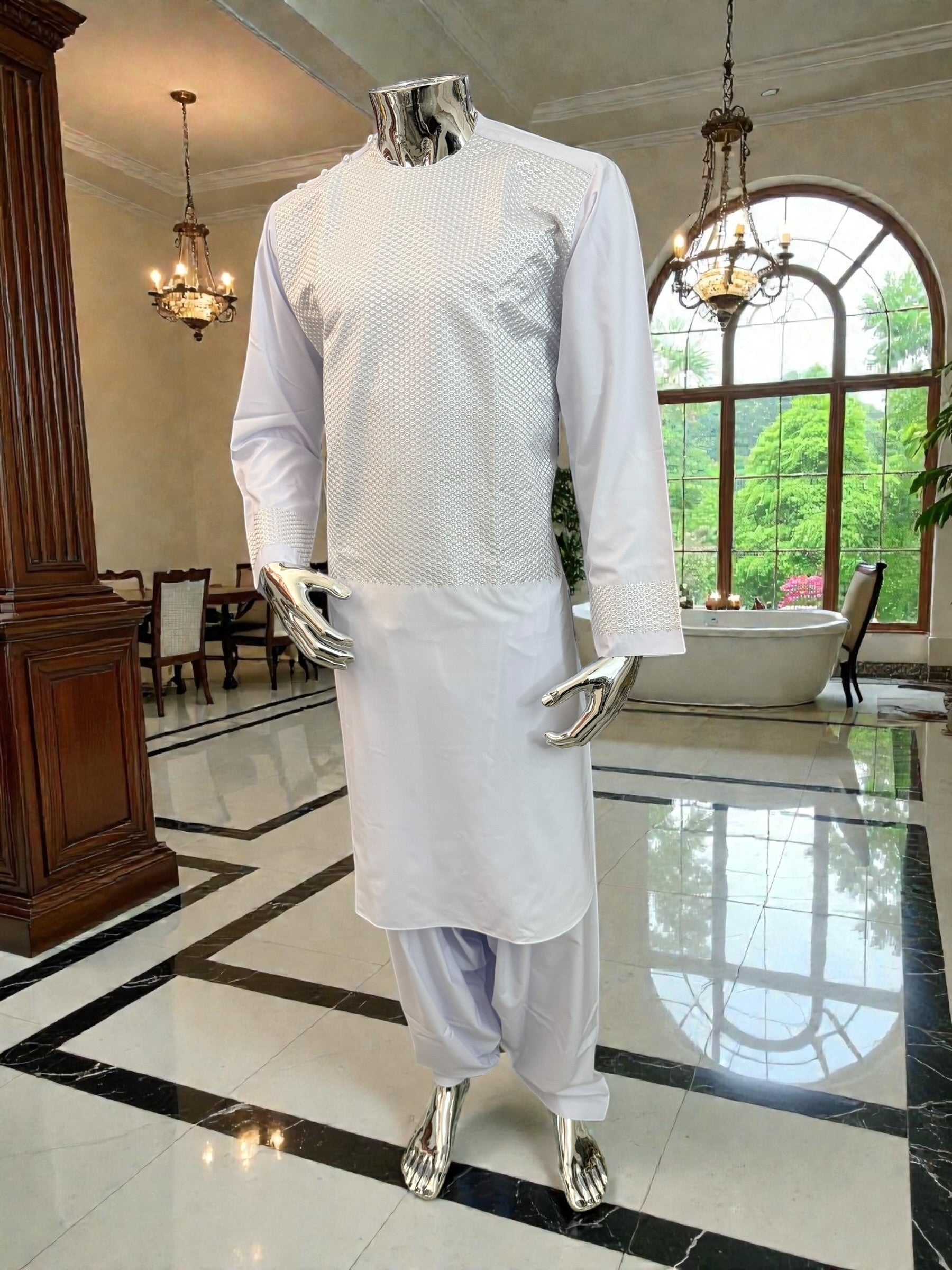 Small White Embroidered Parahan Tumban | Cotton-Blend Afghan Men’s Traditional Outfit | Luqmaan Boutique