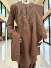 Men’s Chocolate Brown Embroidered Afghan Parahan Tunban with Matching Shawl Handmade