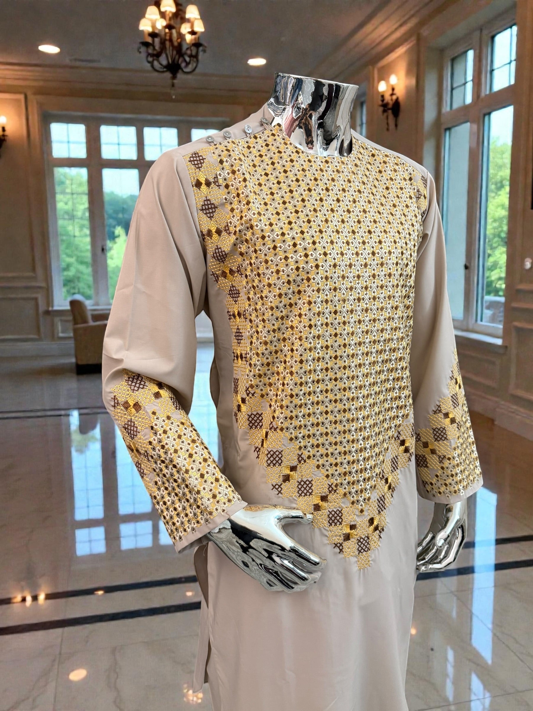 Men’s Beige Kameez with Embroidery – Large | Luqmaan Boutique