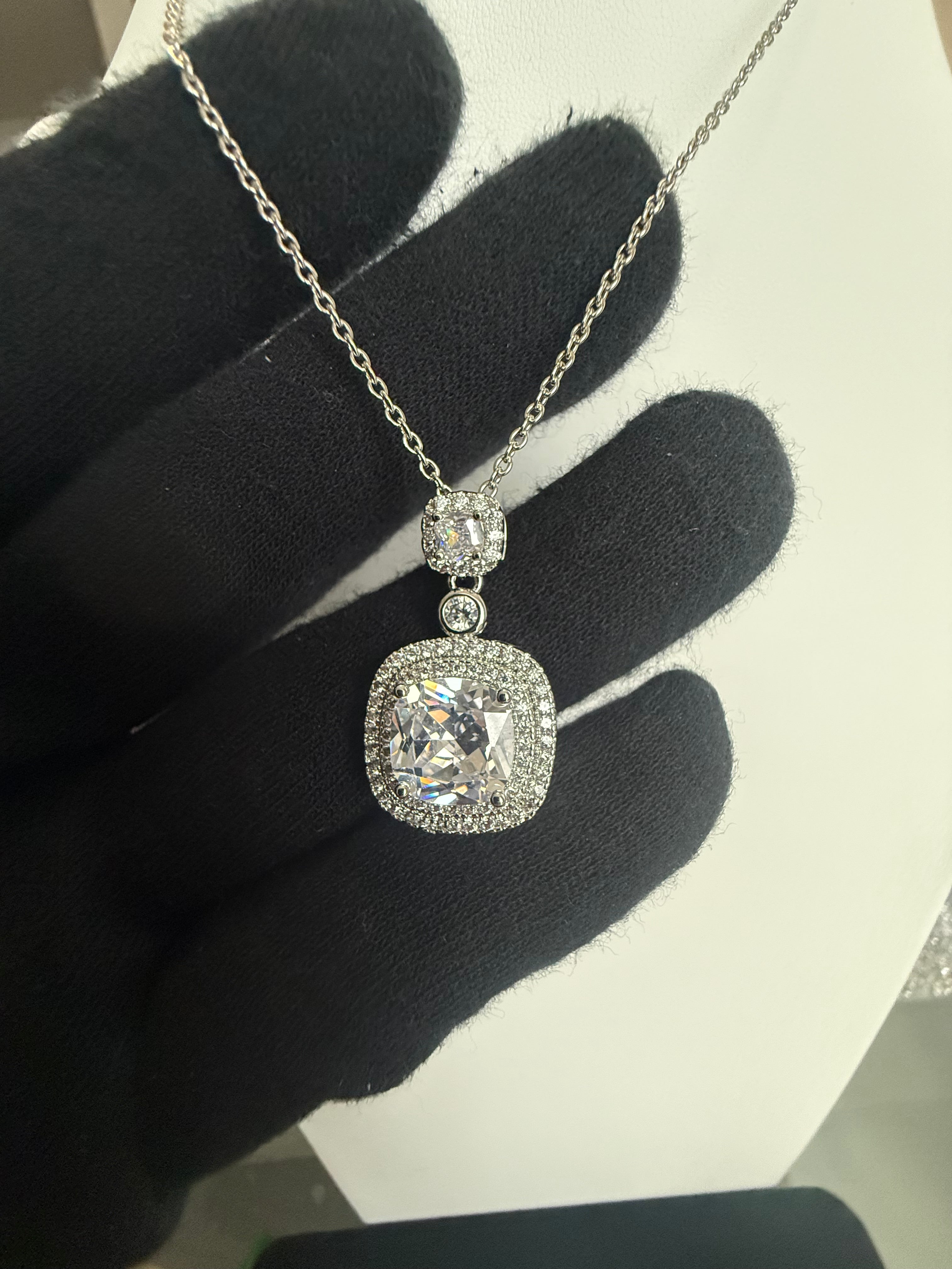 Cushion Cut Double Halo Pendant Necklace – Silver Tone Sparkling Statement Jewelry 7153