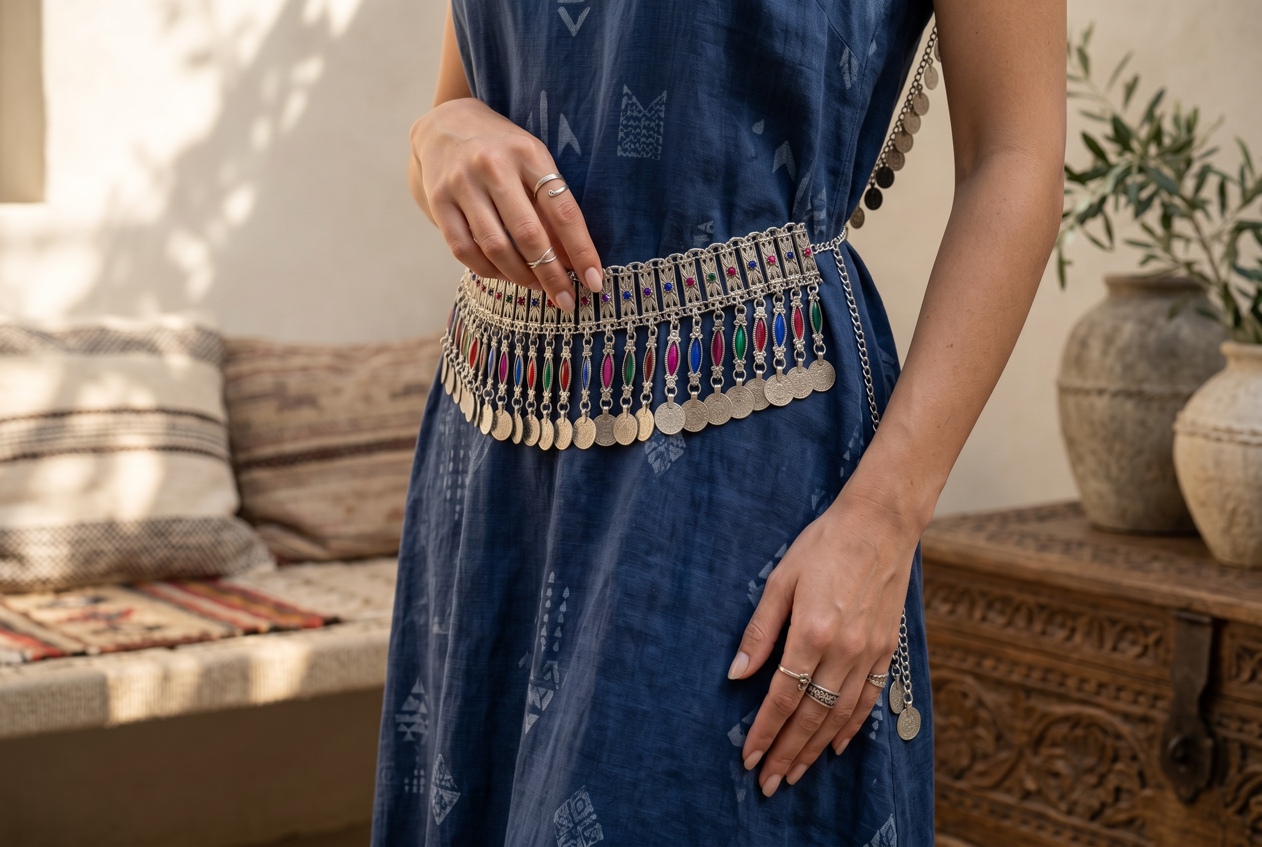 Traditional Afghan Kuchi Coin Belt for Women – Silver-Tone Tribal Waist Belt with Colorful Enamel Accents | Boho Festival, Dance & Wedding Belt 017