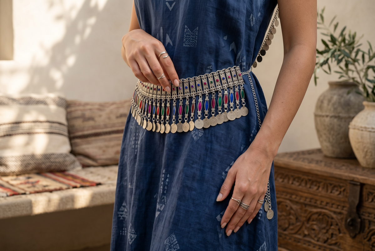 Traditional Afghan Kuchi Coin Belt for Women – Silver-Tone Tribal Waist Belt with Colorful Enamel Accents | Boho Festival, Dance & Wedding Belt 017