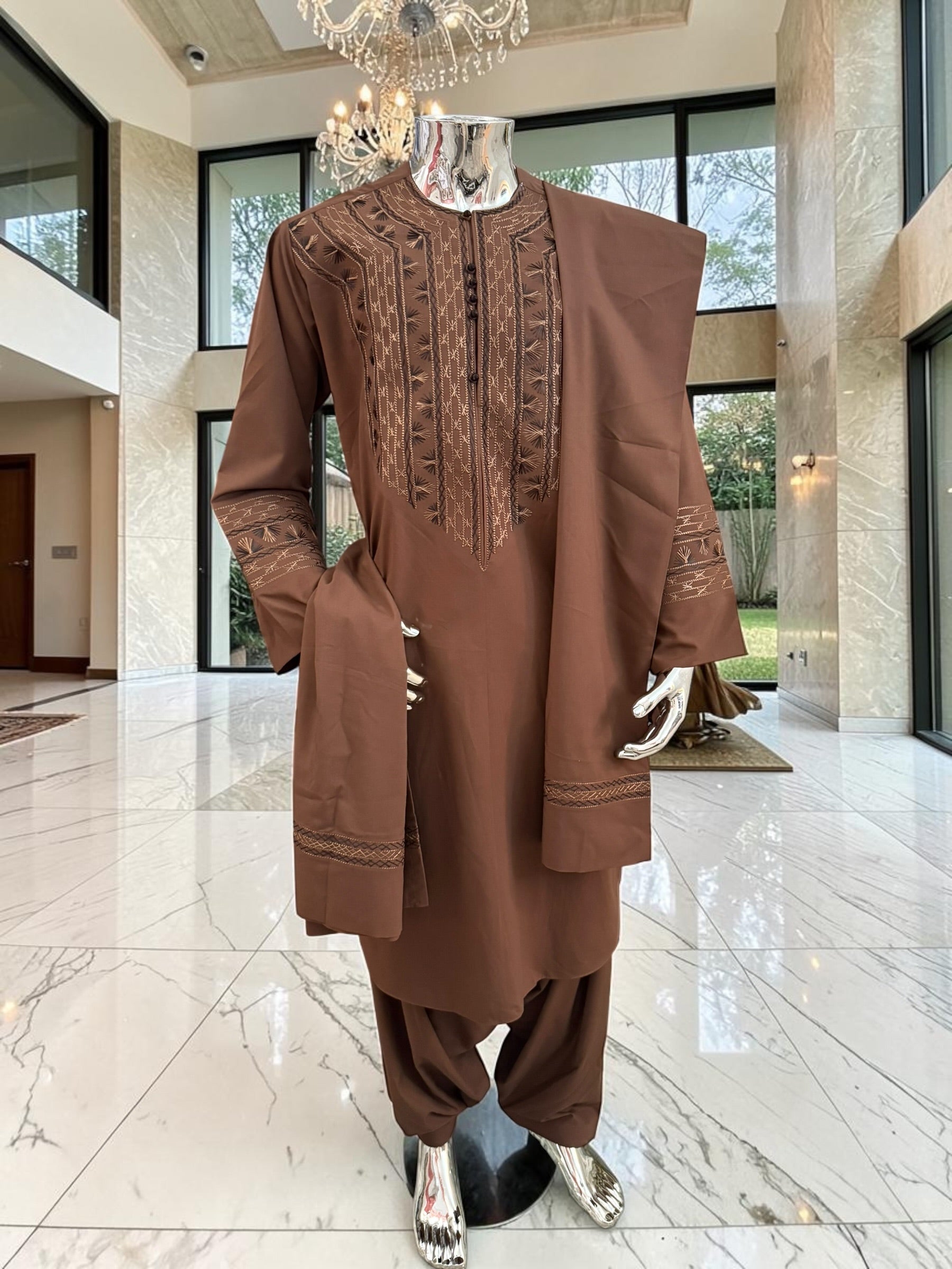 Men’s Chocolate Brown Embroidered Afghan Parahan Tunban with Matching Shawl Handmade