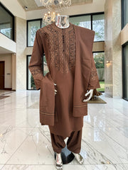 Men’s Chocolate Brown Embroidered Afghan Parahan Tunban with Matching Shawl Handmade
