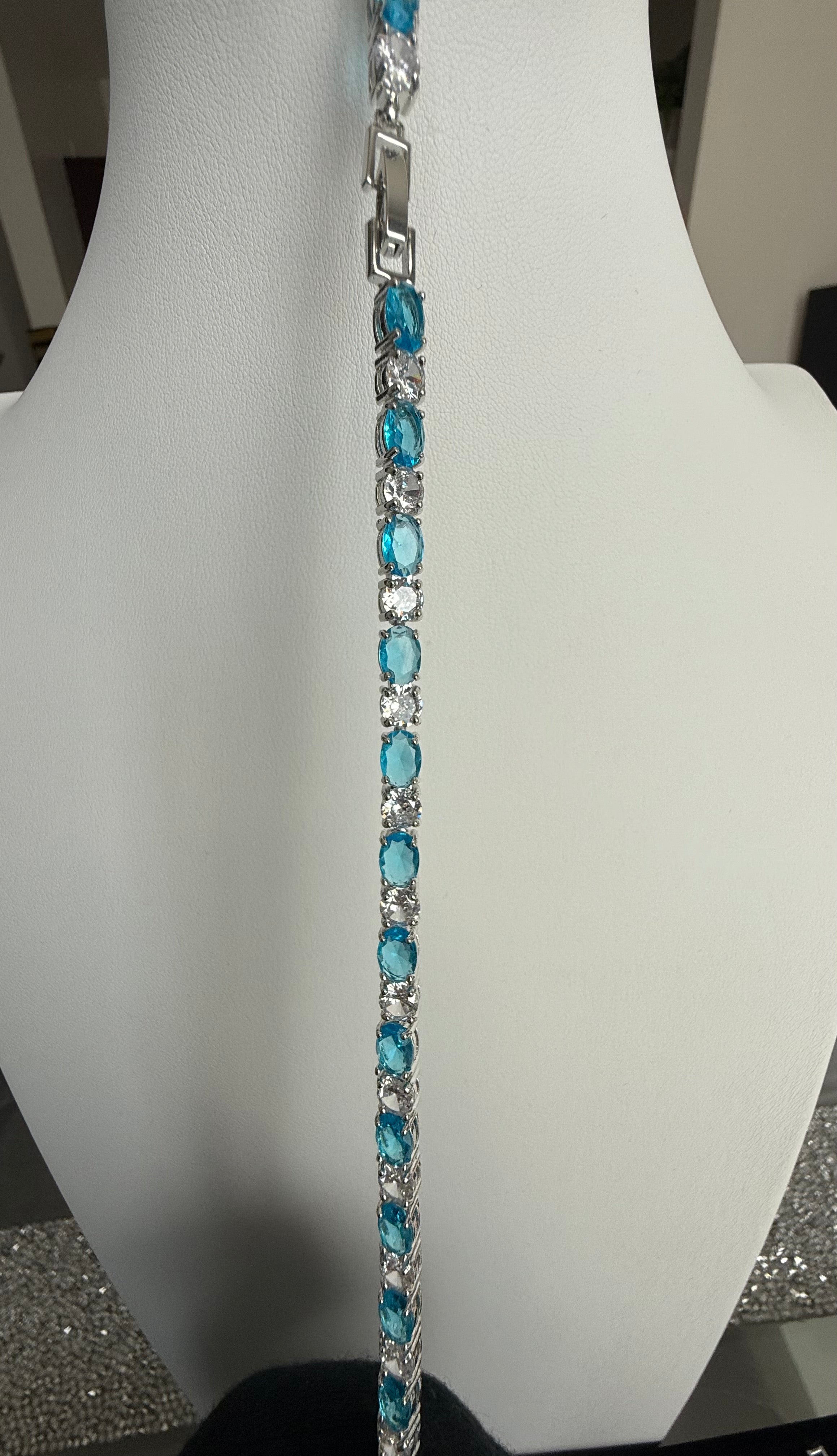 Aqua Blue Oval Crystal Tennis Bracelet – Silver Tone Sparkling Statement Jewelry 7092