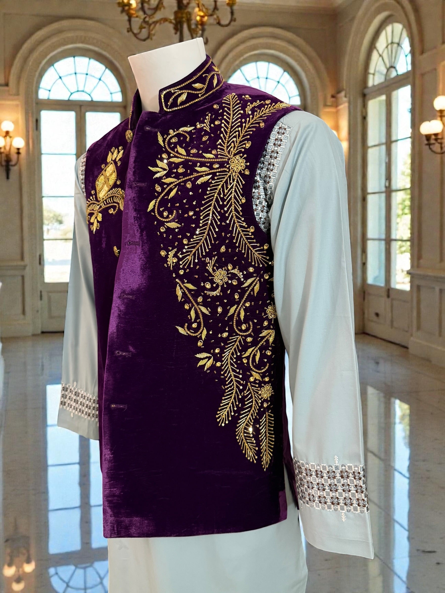 Medium Purple Velvet Men’s Waistcoat – Heavy Handmade Zari & Dabka Embroidery | Luxury Wedding waistcoat
