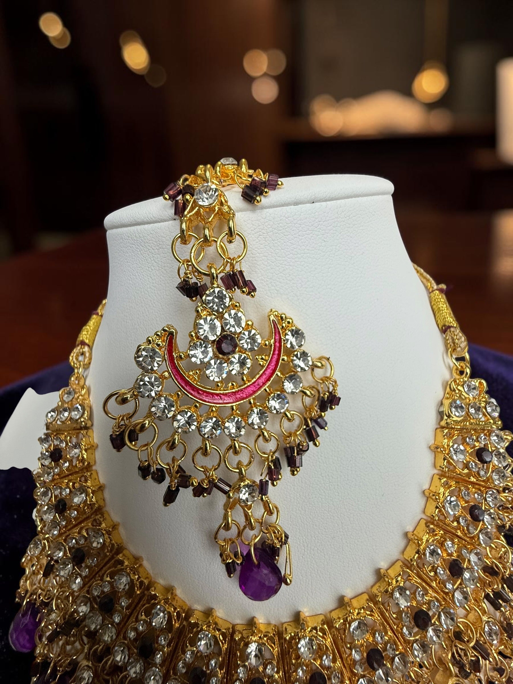 Purple Indian Pakistani Afghan Bridal Jewelry Set with Earrings & Maang Tikka | Gold Tone Crystal Rhinestone Necklace Set | Wedding Jewelry Gift Box Included 7013