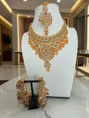 Golden Sunset Kundan Style Bridal Jewelry Set with Necklace, Earrings & Maang Tikka | Indian Pakistani Afghan Wedding Jewelry | Gift Box Included 7010