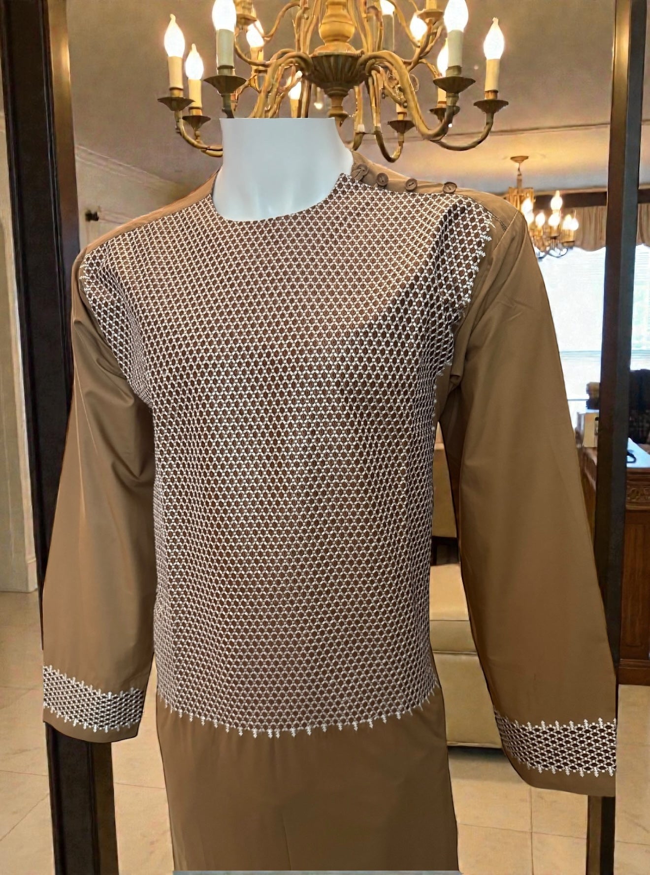 Medium Olive Afghan Parahan Tunban for Men with Machine Embroidery