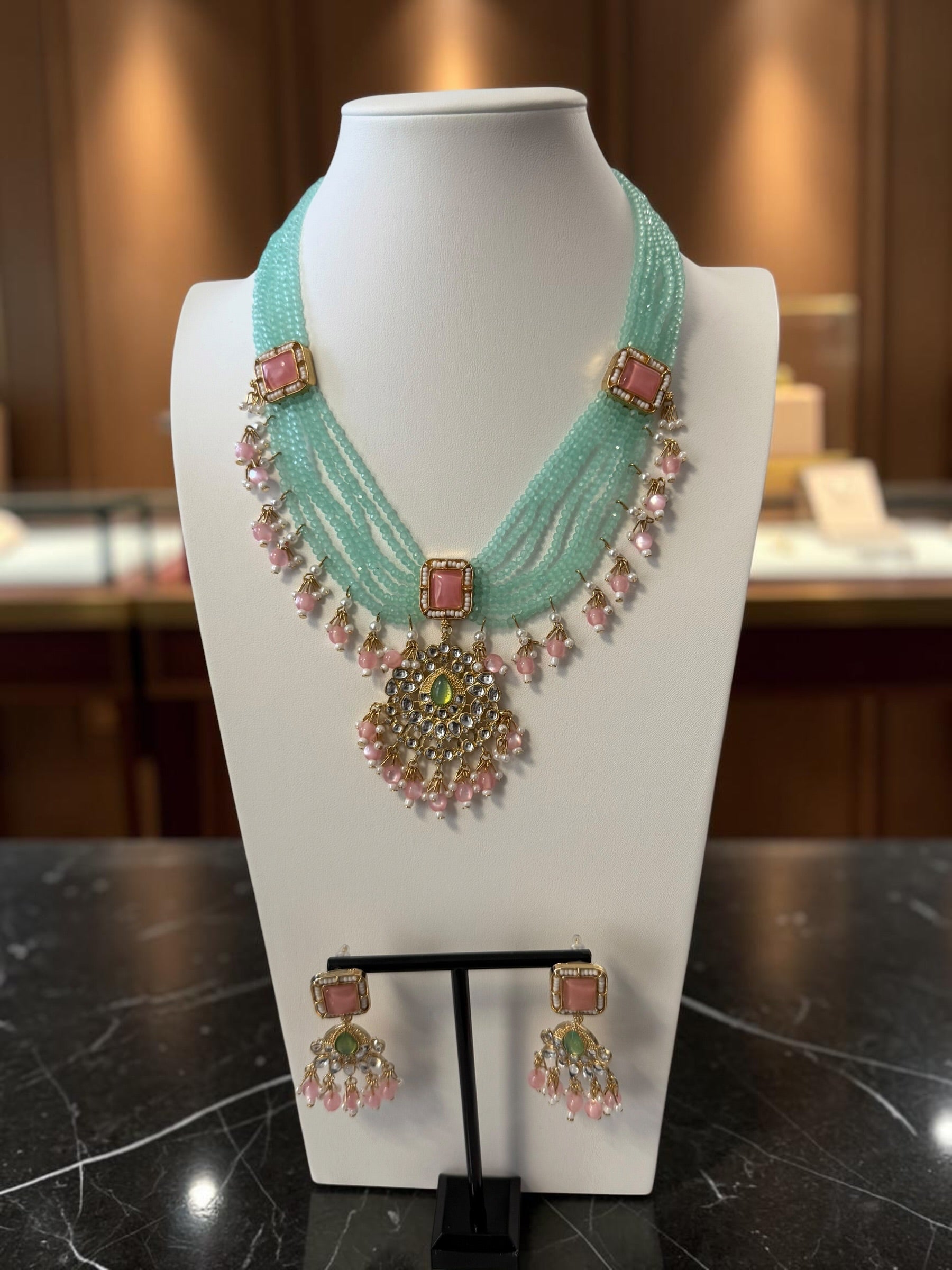 Mint Green & Pink Beaded Kundan Necklace and Earrings Set.   074