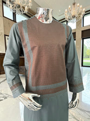 Medium Premium Olive Green & Brown Machine Embroidered Parahan Tunban Set with Matching Chadder