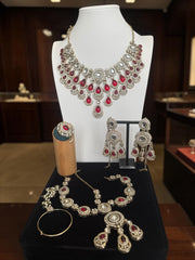 Ruby Red Kundan Half Bridal Jewelry Set – 5-Piece Necklace, Earrings, Sheeshphool, Nath & Adjustable Rings 6060