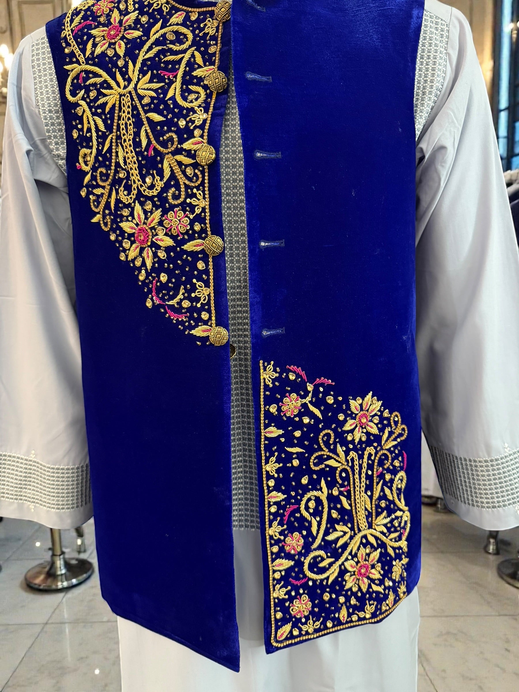 Royal Blue Velvet Vestcoat – Handmade Soma & Borr Borr Gold Embroidery | Men’s Luxury Afghan Waistcoat Medium