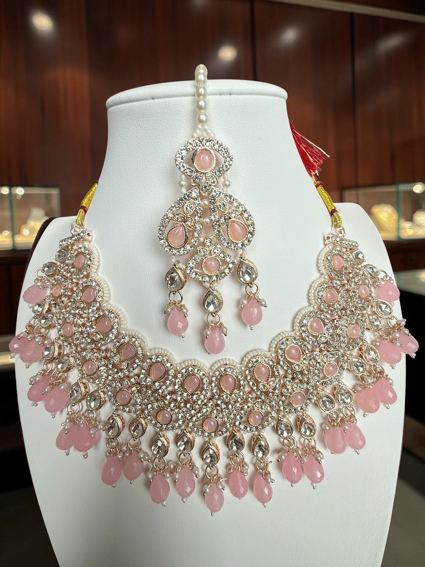 Blush Pink Kundan Bridal Jewelry Set with Earrings & Maang Tikka | Rose Gold Indian Pakistani Afghan Wedding Necklace | Jewelry Gift Box Included 6049