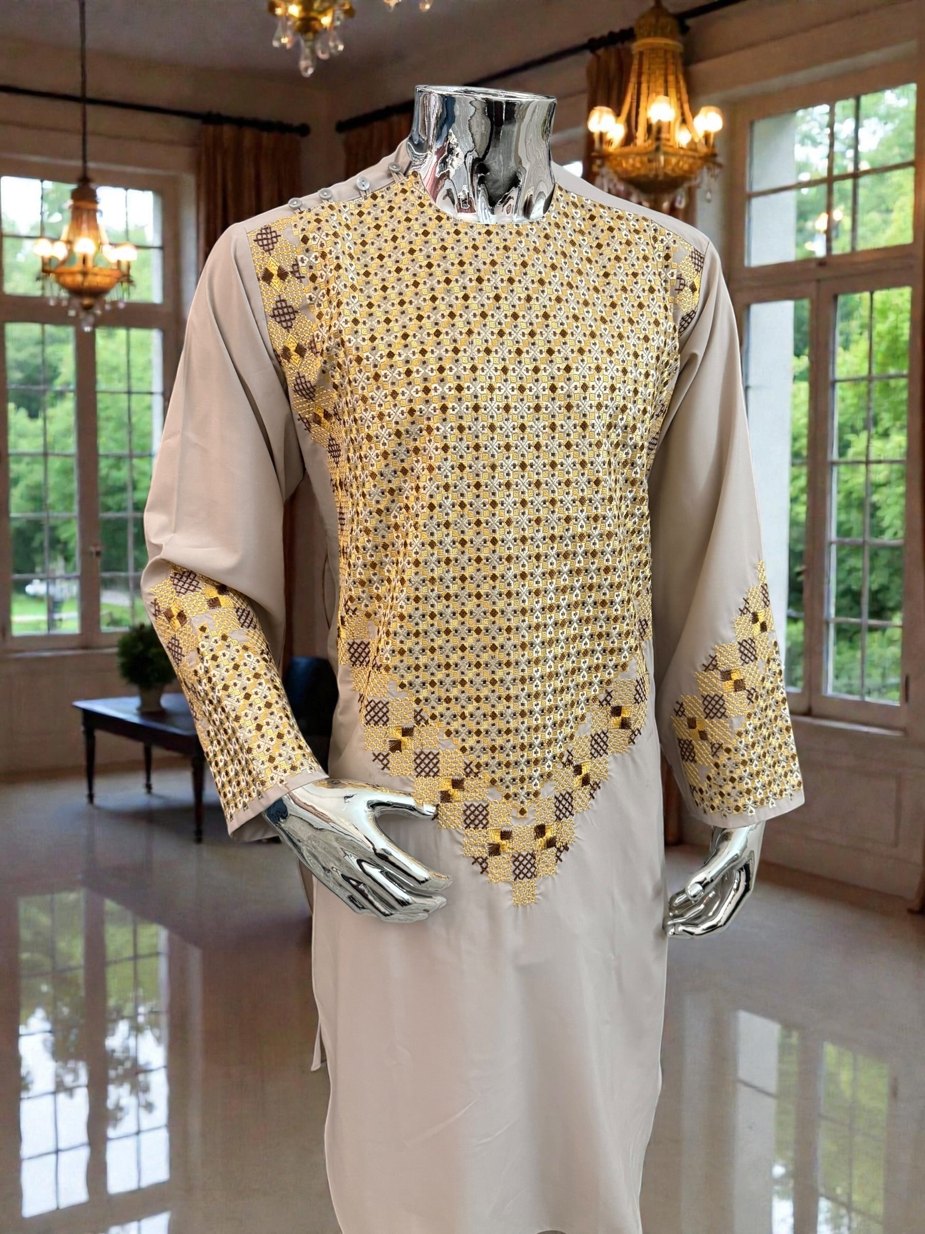 Men’s Beige Kameez with Embroidery – Large | Luqmaan Boutique