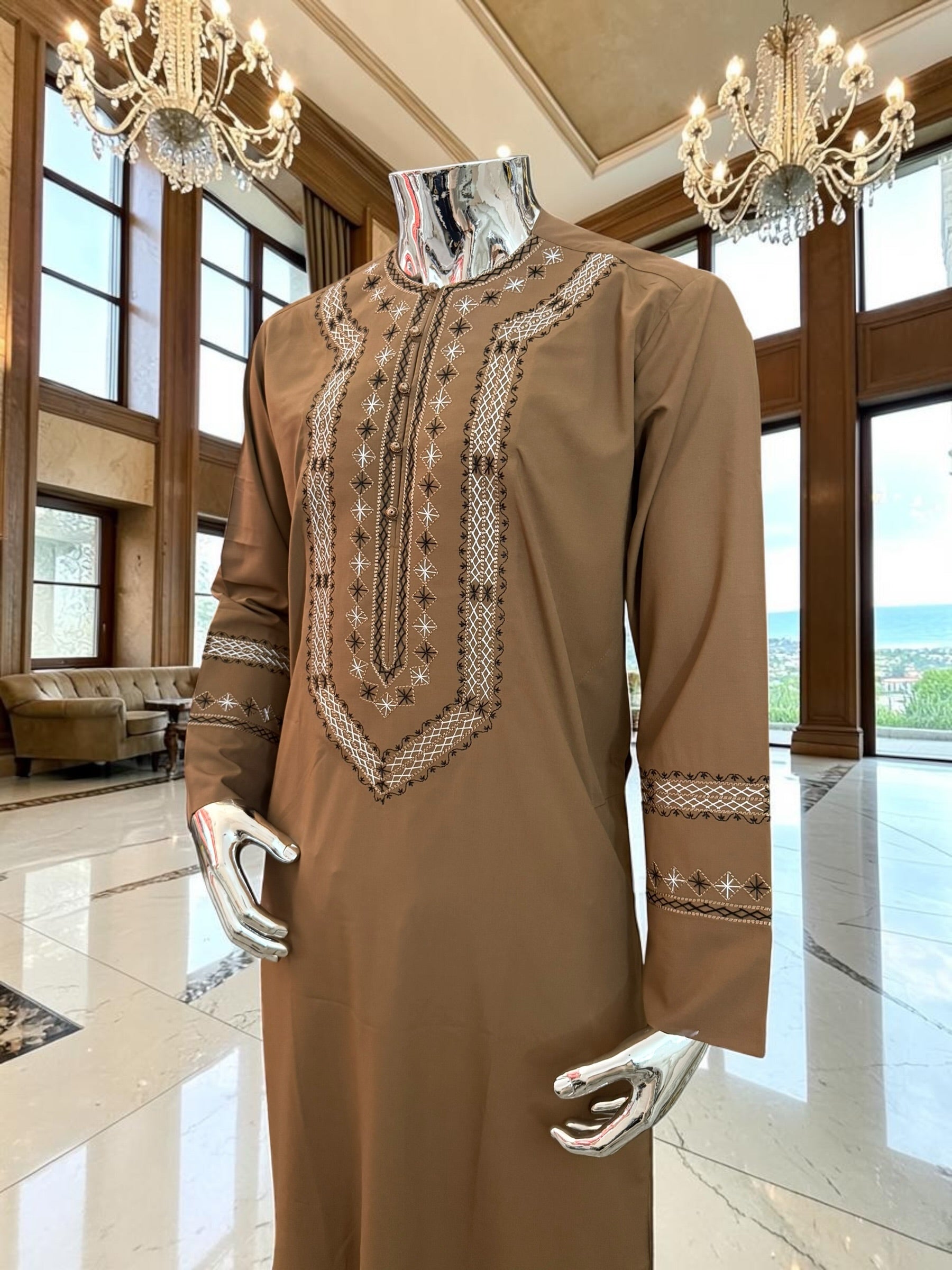 Medium Men’s Mocha Brown Hand Embroidered Afghan Parahan Tunban Set with Matching Shawl