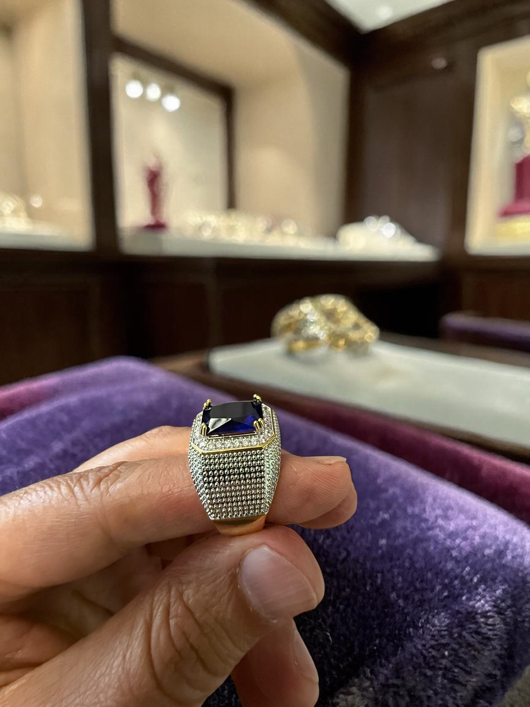 Men’s Blue Zircon Statement Ring Brass Cocktail Ring (Vintage Style)CBB