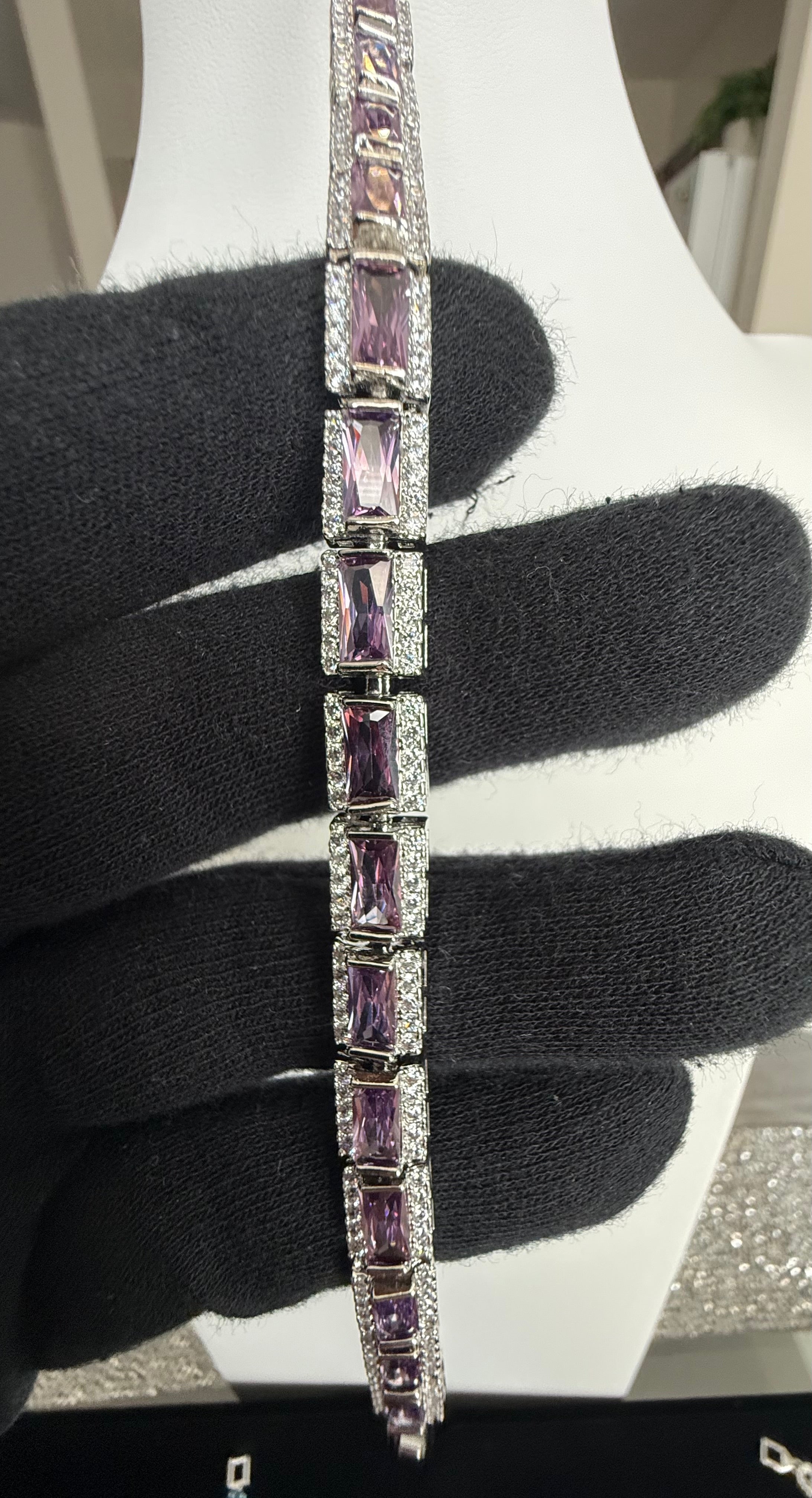 Lavender Emerald-Cut Crystal Halo Bracelet – Silver Tone Statement Jewelry 7089