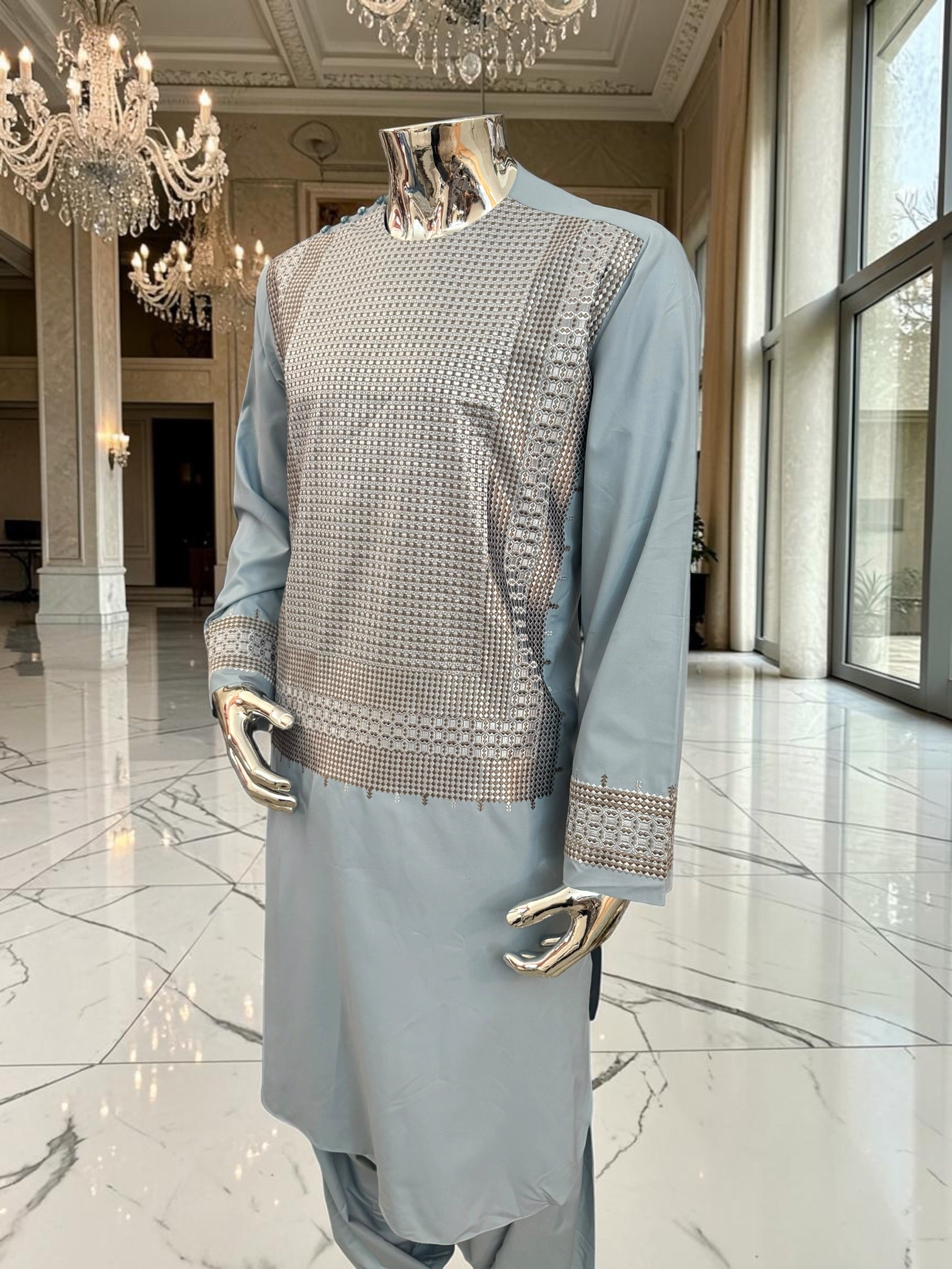 Large Men’s Light Blue Afghan Parahan Tunban with Khamakdozi-Inspired Machine Embroidery 7201