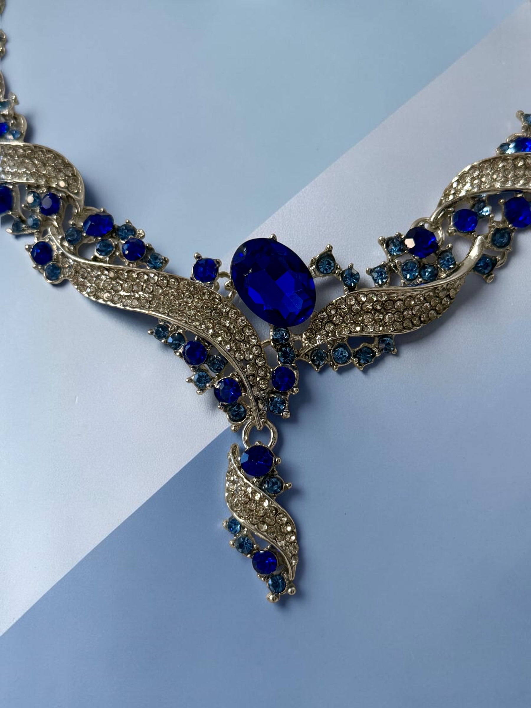 Royal Sapphire Blue Crystal Jewelry Set – Silver-Tone Necklace & Drop Earrings | Afghan, Pakistani, Indian & Middle Eastern Bridal Jewelry.  070