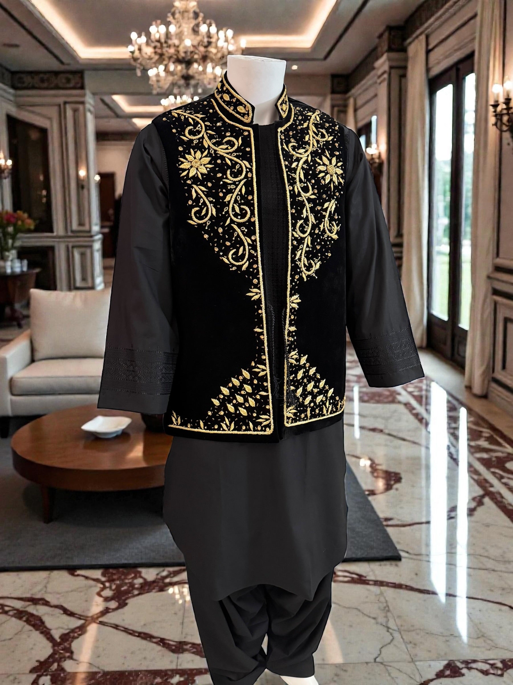 Black Velvet Waistcoat – Heavy Handmade Gold Zari & Dabka Embroidery | Luxury Wedding Medium to Large