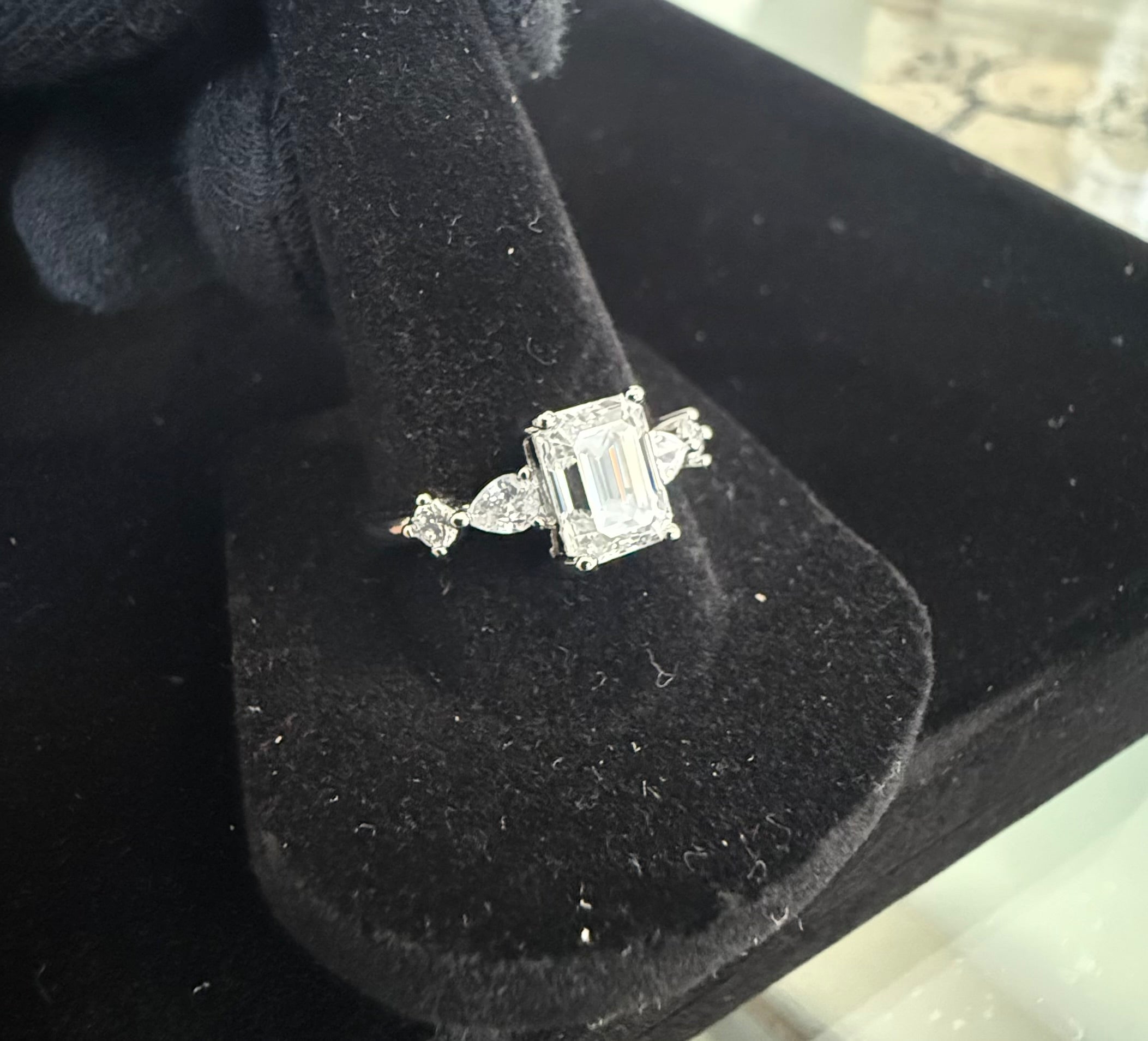 Size 9 Emerald Cut Moissanite Engagement Ring in 925 Sterling Silver | Three-Stone Promise Ring for Women. 6018