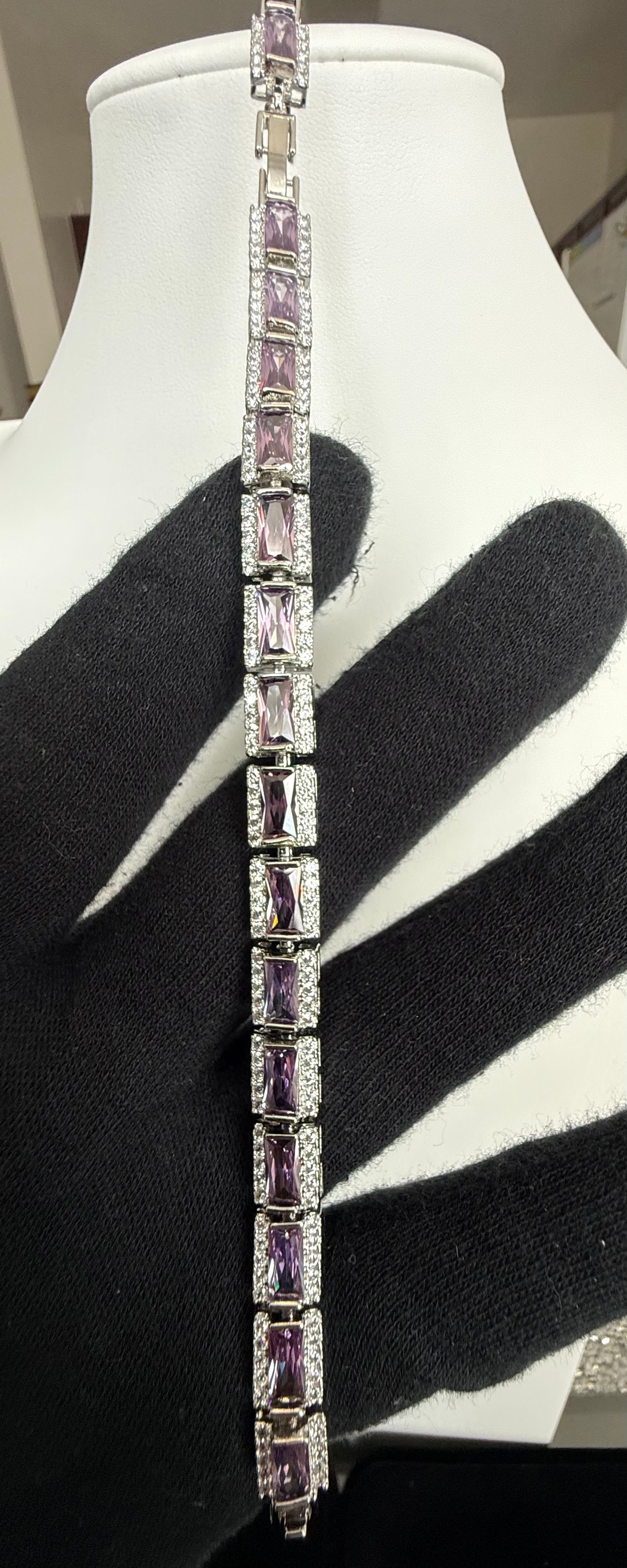 Lavender Emerald-Cut Crystal Halo Bracelet – Silver Tone Statement Jewelry 7089