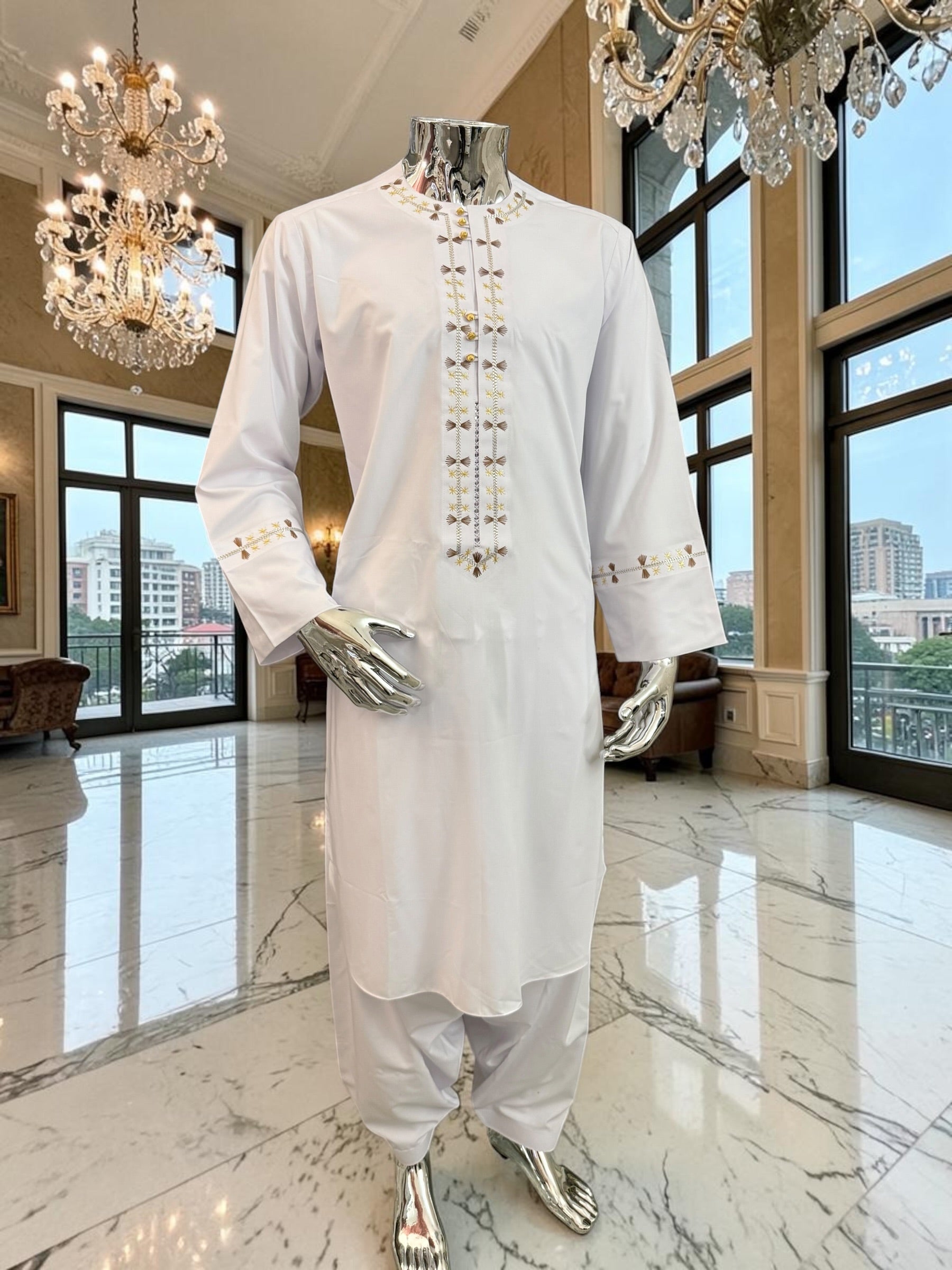 Large White Afghan Parahan Tunban Set – Hand & Machine Embroidery Yakhan Traditional Mens Outfit