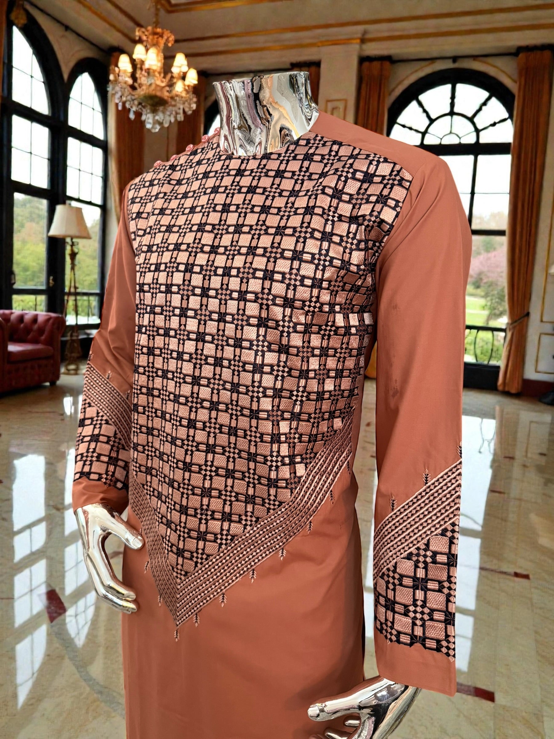 Small Men’s Caramel Brown Parahan Tumban with White & Tan Embroidery | Luxury Afghan Outfit with Matching Shawl