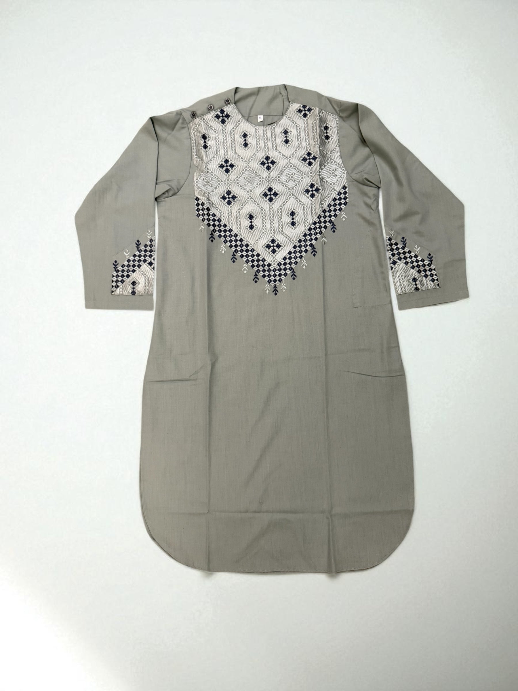 9 years old Boys Sage Green Parahan Tunban – Machine Embroidery in White & Navy