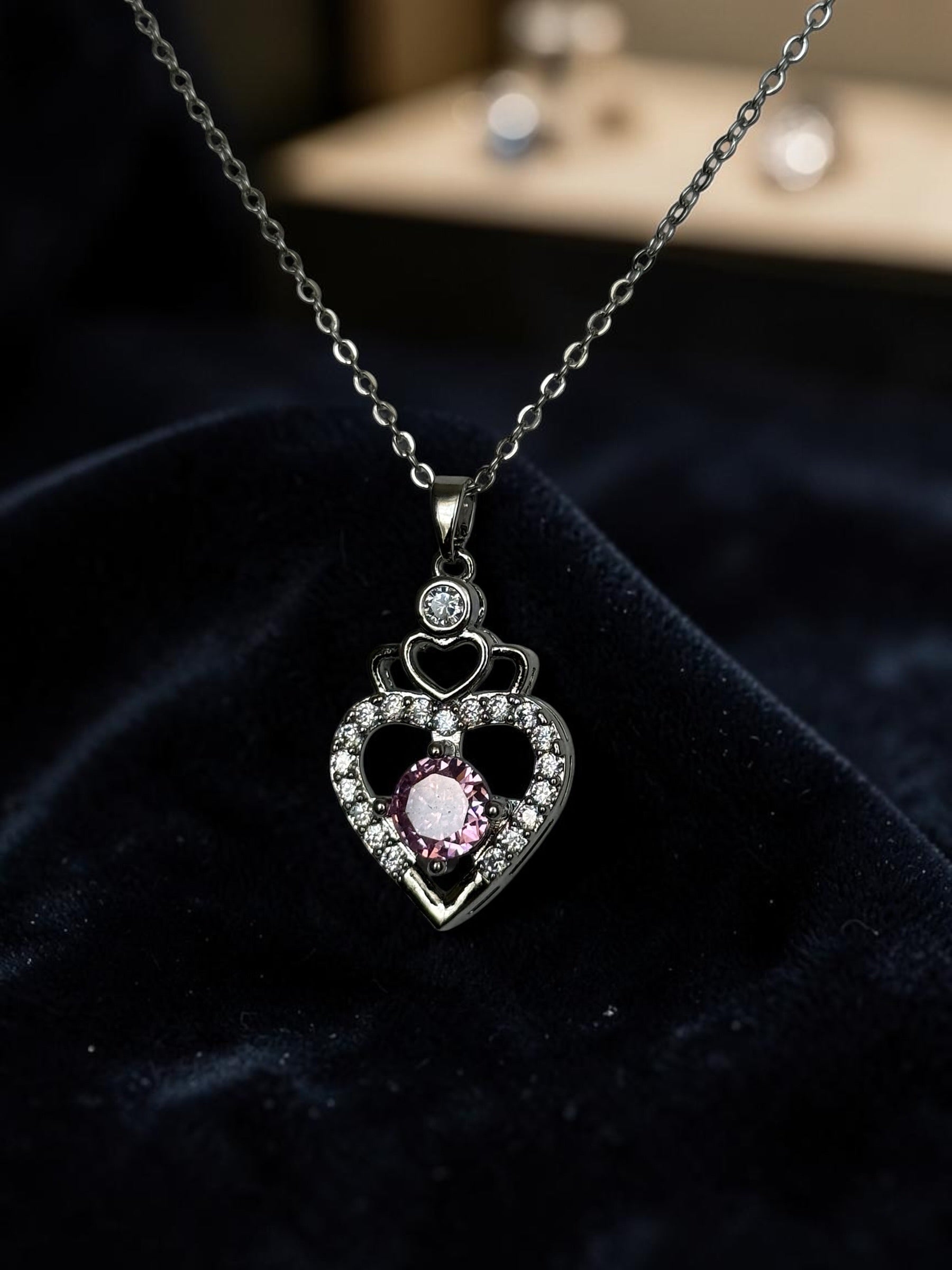 Pink Heart Pendant Necklace – Silver Tone Sparkling Stone Love Necklace for Women 7065