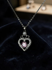 Pink Heart Pendant Necklace – Silver Tone Sparkling Stone Love Necklace for Women 7065