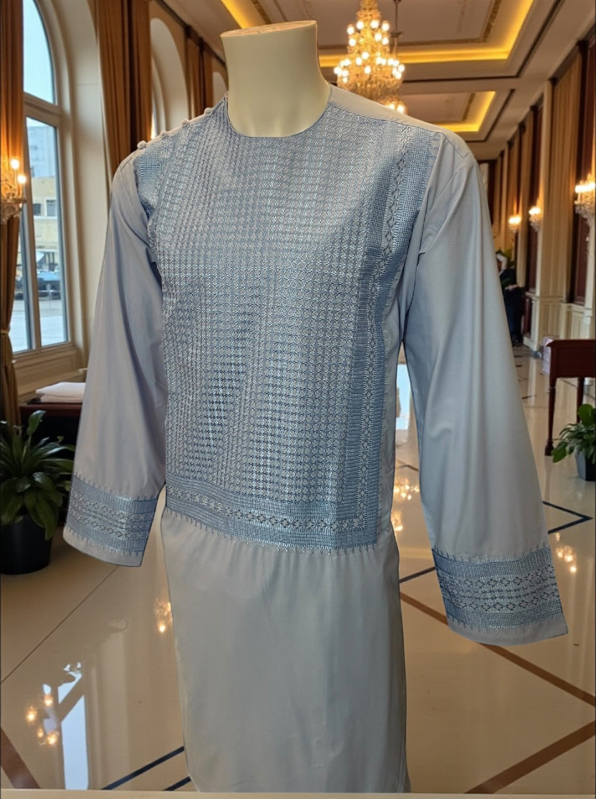 X-Large Powder Blue Afghan Parahan Tunban for Men with Machine Embroidery