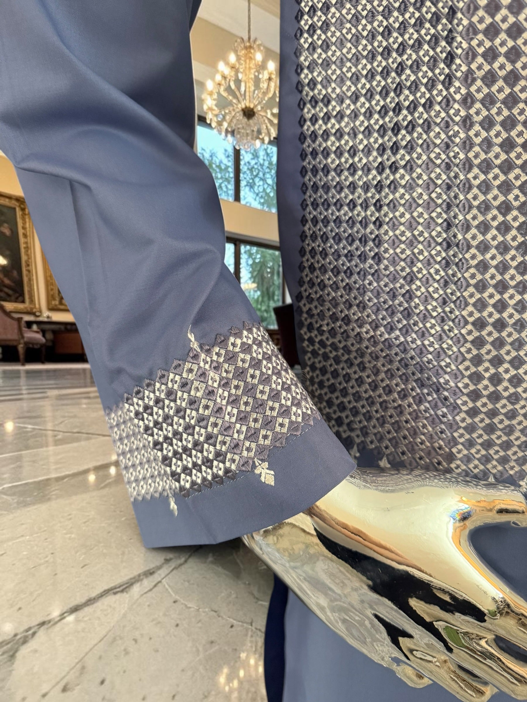 Small Afghan Parahan Tunban Kameese Shalwar Slate Blue Silver Machine Embroidery