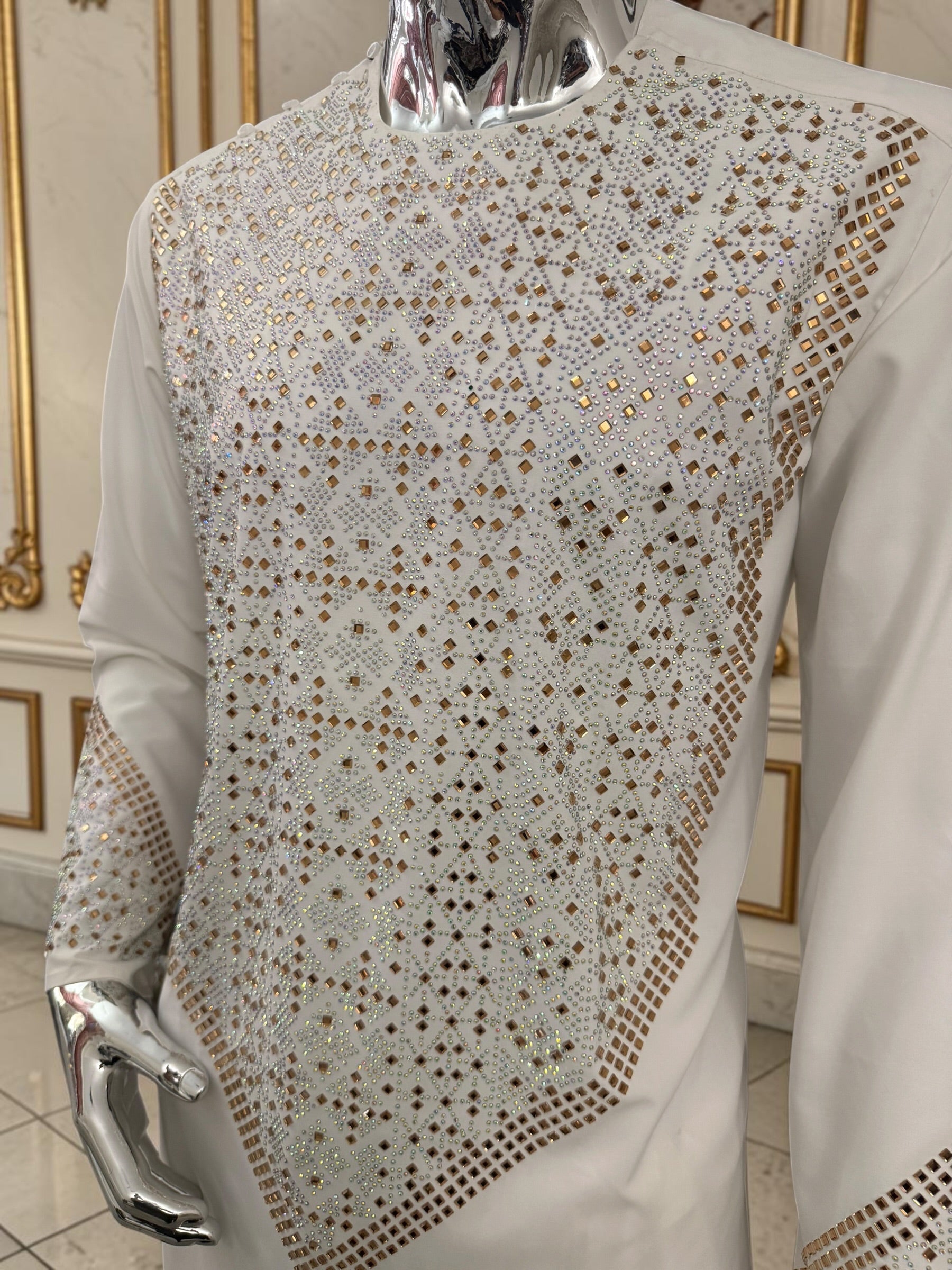 Men’s off white Afghan Parahan Tunban with Gold & Silver Embellishments and Shawl – 3-Piece Set shesha work 5042