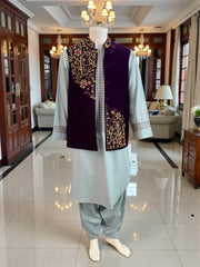 Large Royal Purple Velvet Waistcoat – Luxury Gold & Pink Hand-Embroidered Dabka, Zari, Tilla Work Medium to Large